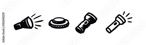 Hand-drawn flashlight icons set. Sketchy doodle style torches with light beams and illuminating effects.