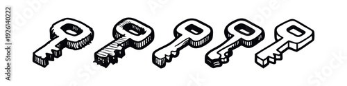 Set of five hand-drawn isometric key icons. Sketchy doodle style access and security symbols in varying designs.