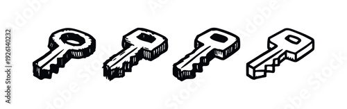 Hand-drawn sketchy key icons set. Doodle style isometric symbols representing security and access control.