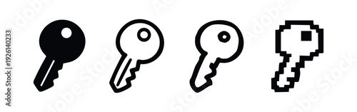 Digital key icons set including solid, outline, and pixel art styles for security and access concepts.