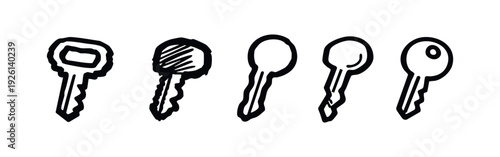 Set of five hand-drawn key icons in various sketchy doodle styles representing access and protection.