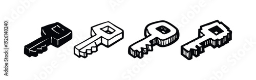 Isometric hand-drawn key icons set. Sketchy doodle style symbols for security, access, and digital solutions.