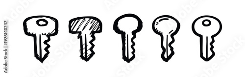 Hand-drawn key icons set. Five different sketchy doodle style keys symbolizing security and property.