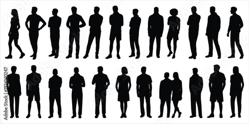 Diverse Group Of People Silhouettes Standing And Walking Against White Background woman