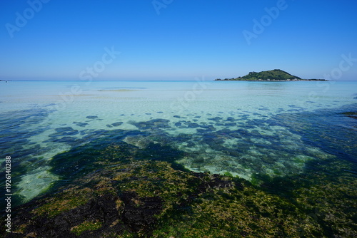 Obraz na plátně fascinating sea view with mossy rocks and far island