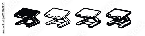 Ergonomic Laptop Stand Icons. Sleek Black and White and Pixel Art Symbols for Desk Setup Optimization.