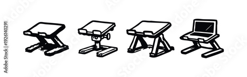 Hand-Drawn Laptop Stand Icons Set. Sketchy Symbols for Workspace Ergonomics and Device Elevation.