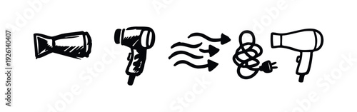 Hand Drawn Hair Dryer Elements and Airflow Icons Set for Styling and Beauty