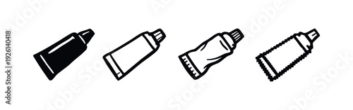 Hand-drawn tube icon set. Sketchy, outline, textured, and pixel art packaging for cream or toothpaste.