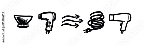 Doodle Style Hair Dryer and Airflow Process Icons for Hairdressing Concepts