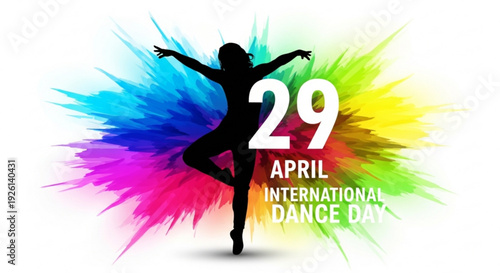 Silhouette of dancer celebrating international dance day on april 29 with colorful paint splashes