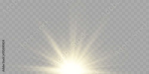 Bright yellow sunlight with smooth flowing rays, glowing halo, and floating sparkles. vector
