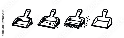 Sketch style dustpan icons showing cleaning action, dirt, and brush usage in a graphic set.