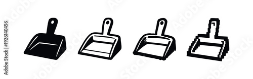 Dustpan icons set in various styles including solid, outline, textured, and pixel art representations.