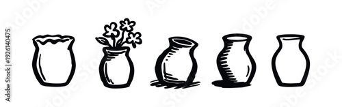 Hand-drawn vase icons set, including one with flowers and varied textures, for home decoration.