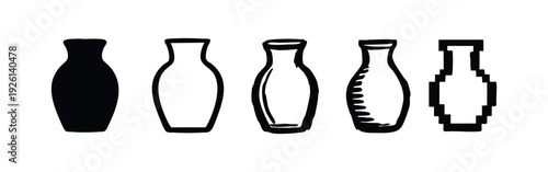 Diverse collection of vase and bottle icons in various styles, including solid, outline, and pixel art.