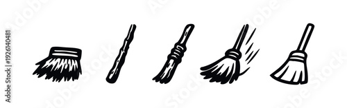 Hand-drawn set of various broom and brush elements, cleaning tools sketch illustrating movement.