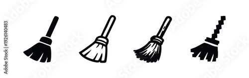 Collection of broom icons in different artistic styles, including solid, outline, and pixel art variations.