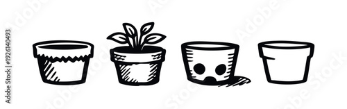 Collection of hand-drawn plant pots and a potted plant, offering versatile options for gardening and decor.