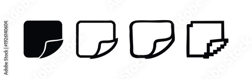 Document file paper sheet icon set with folded corner in various styles: solid, outline, and pixelated for UI design.