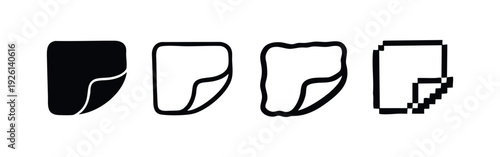 Set of document file icons with a bent corner in solid, outline, hand-drawn, and pixelated styles for web and app UI.