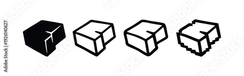 Isometric 3D cube box icon set in various styles: solid, outline, hand-drawn, and pixelated design elements.