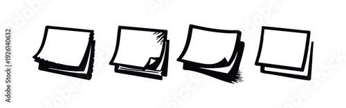 Stack of paper document icons with folded and crumpled pages in various hand-drawn styles.