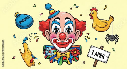 Colorful clown face with april fools' day theme and prank elements on yellow background