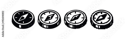 Isometric 3D Compass Icons Set with Solid, Outline, Hand-Drawn, and Pixelated Styles