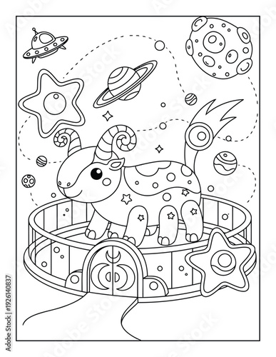 Space creature exploring a cosmic playground with planets and stars for kids coloring book