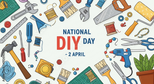 National diy day april 2nd celebration with various handyman tools and household items on white background