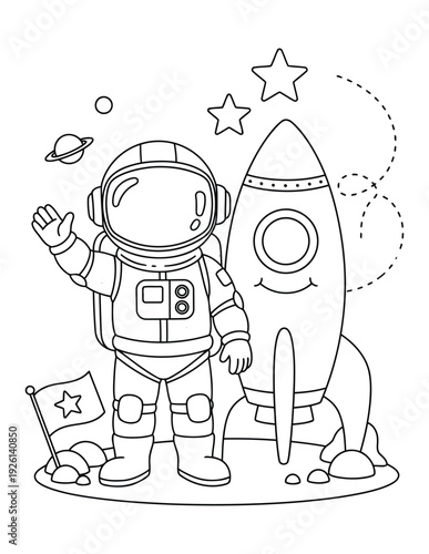 Astronaut waving next to a rocket ship is a fun coloring page for preschool children