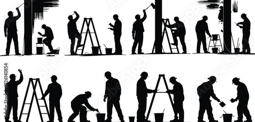 Silhouette painters using rollers, ladders, buckets, and tools preparing walls, teamwork renovation, construction painting, mixing paint, and consulting instructions