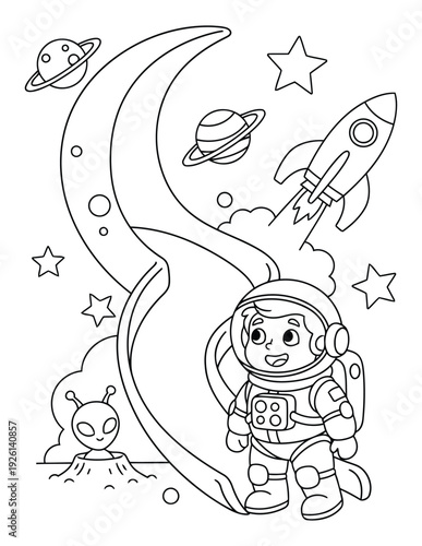 Astronaut coloring page with rocket launch and planets in outer space scene