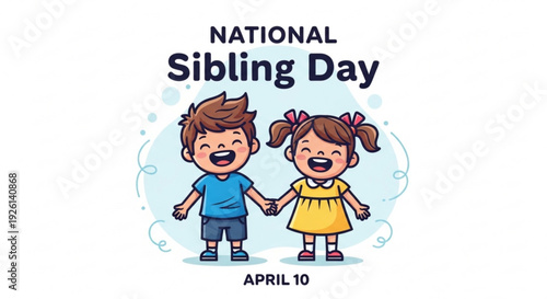 National sibling day illustration of happy brother and sister holding hands on light blue background