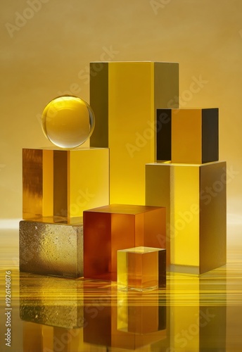 Golden geometric shapes arranged artistically on reflective surface