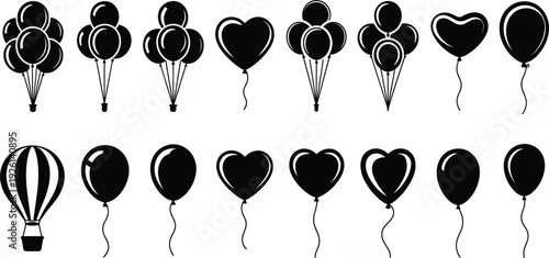 Collection of black silhouette balloons and hot air balloon icons vector illustration