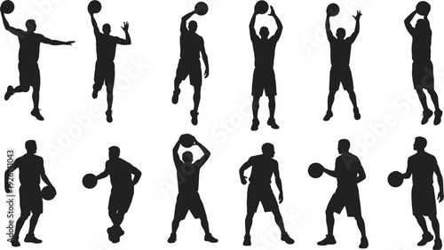 Collection of Basketball Player Silhouettes in Various Poses on White Background untitled