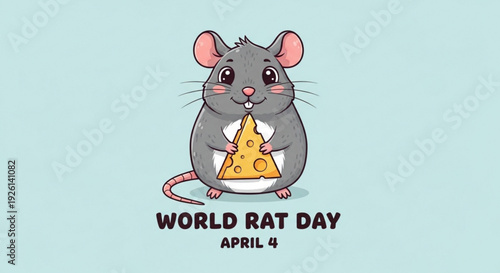 Cartoon rat eating cheese on world rat day april 4th celebration with text