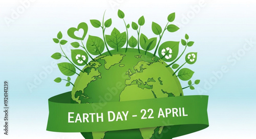 Earth day illustration with green globe leaves and banner on light blue background symbolizing eco friendly environment and sustainability on 22 april