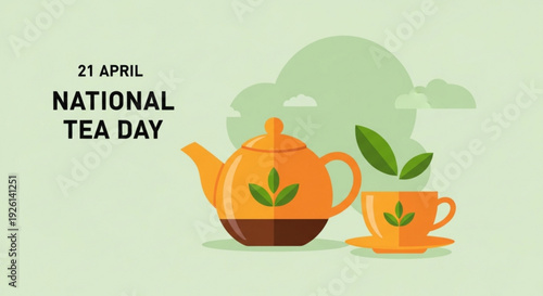 National tea day celebration with teapot and cup on a light green background with clouds