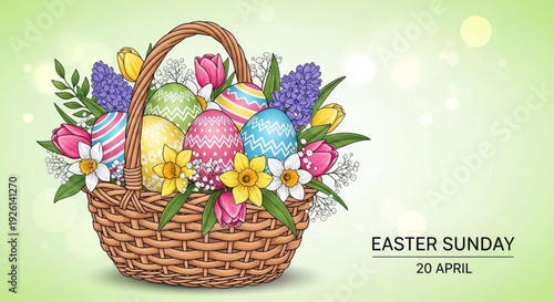 Colorful easter basket filled with decorated eggs and spring flowers on green background for easter sunday celebration