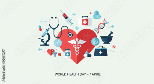 Medical symbols surround red heart for world health day on april 7th healthcare concept