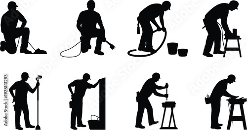 Skilled Trades Worker Silhouette Icons Set Featuring Cleaning, Carpentry, Painting, Assembly, and Maintenance Tasks for Occupational Design