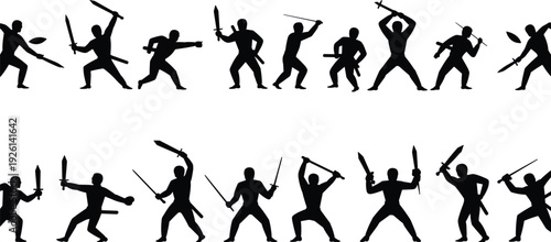 Warrior fighter silhouettes collection with swords battle poses, fantasy combat characters set, action people illustration concept
