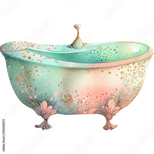 Cartoon vector illustration of a cute baby bathing in a white bowl bathtub with soap bubbles and water on a clean white background