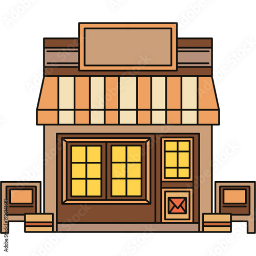 Vector illustration of an old wooden building facade featuring a cartoon house design with a store door and library bookshelf window