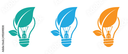   light bulb icon. Eco friendly light bulb with green leaf and atom symbol for sustainable energy. 