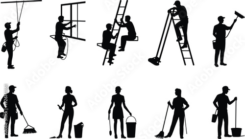 Window cleaner and janitor silhouettes collection, workers on ladder with squeegee mop bucket isolated black shadow figures set