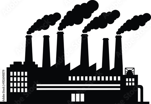 Black vector illustration of a city skyline silhouette featuring an industrial factory and power plant with smoke towers as a symbol of urban manufacturing and pollution